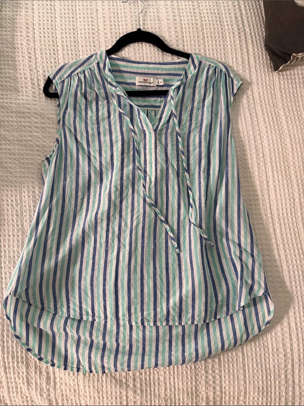 Vineyard Vines Blue, Green & White Striped Tie-Neck Sleeveless Tank